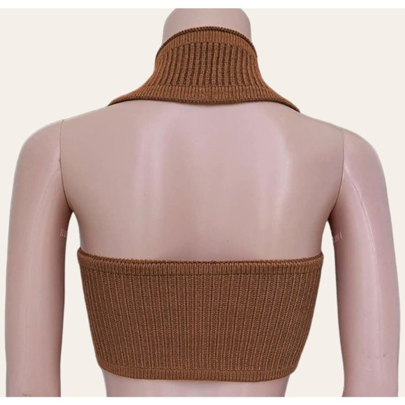 Womens|Knit Halter Crop Top|Brown|Large L|Medium M|Stretch|Sleeveless - Picture 3 of 9
